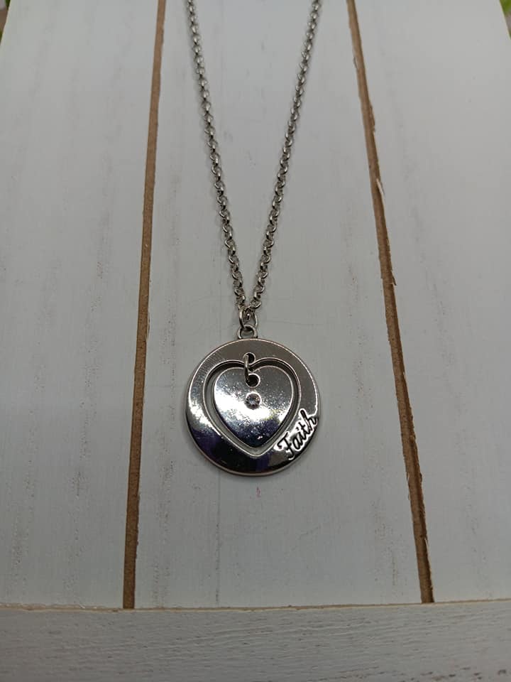 Silver Necklace w/ Circle/Heart Inspirational Pendant Reading "Faith"