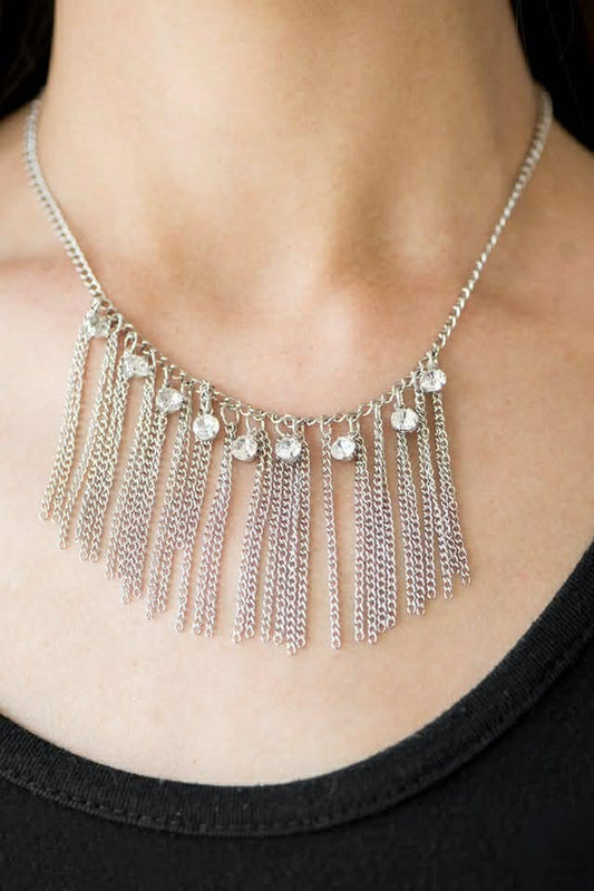 Silver Necklace w/ Silver Tassel & Rhinestone Accents