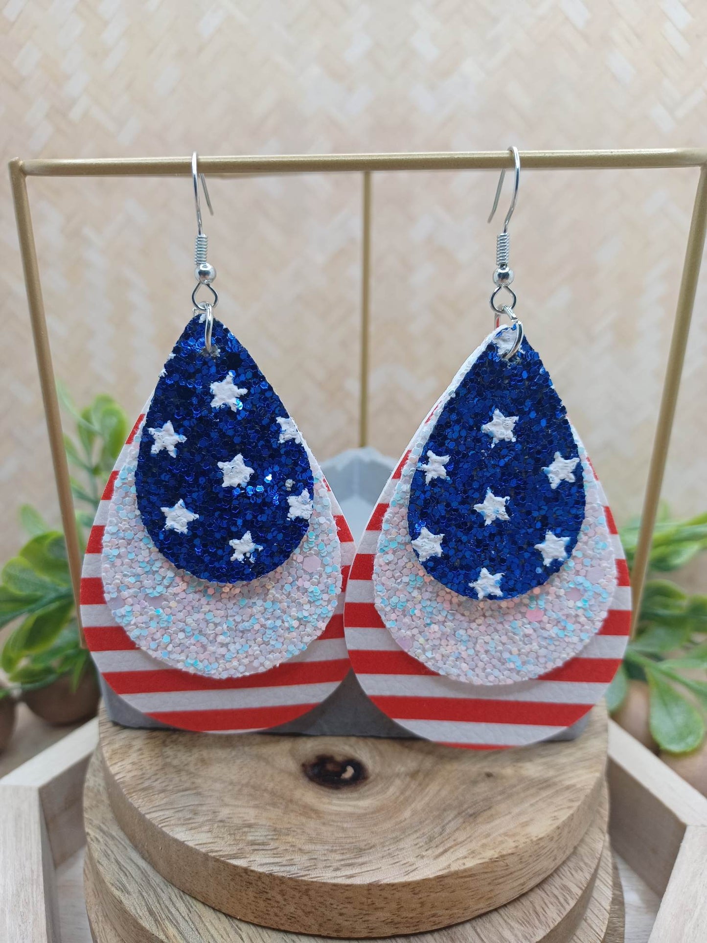 Red, White, & Blue Layered Leather Style Earrings w/ Glitter