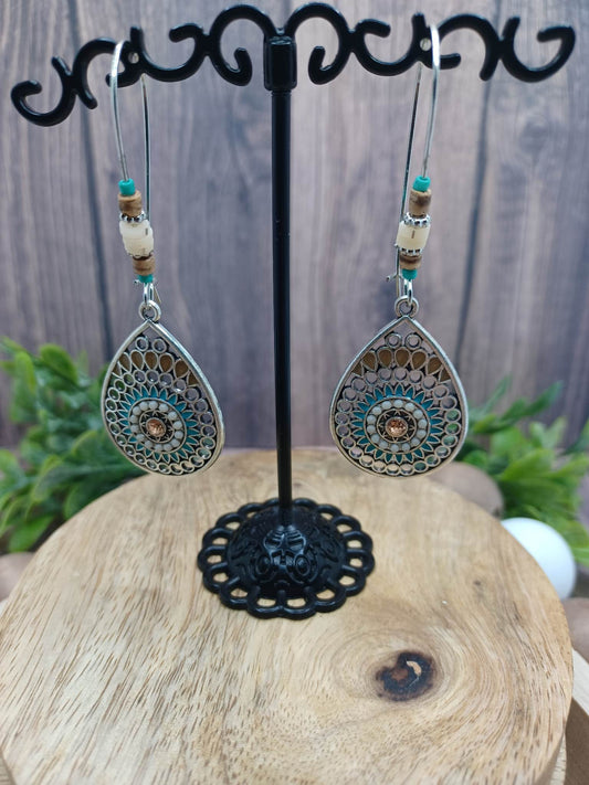 Silver Teardrop Earrings w/ Blue, White, & Brown Beading