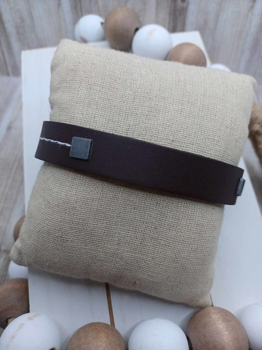 Brown Leather Style Bracelet w/ White Stitching & Pewter Accents