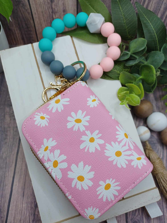 Pink w Daisies Beaded Wristlet Wallet