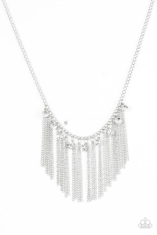 Silver Necklace w/ Silver Tassel & Rhinestone Accents