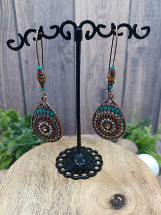 Copper Teardrop Earrings w/ Blue, White, & Brown Beading