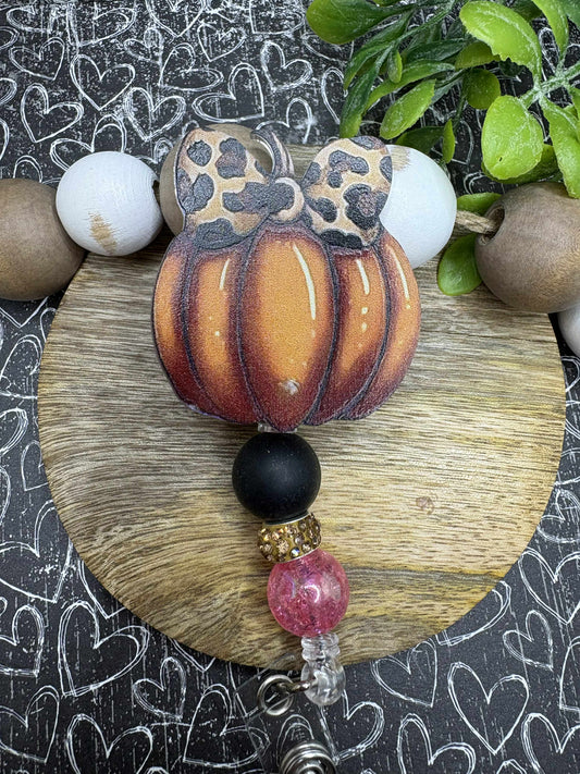 Leopard Pumpkin Beaded Badge Reel - Black, Champagne, Pink