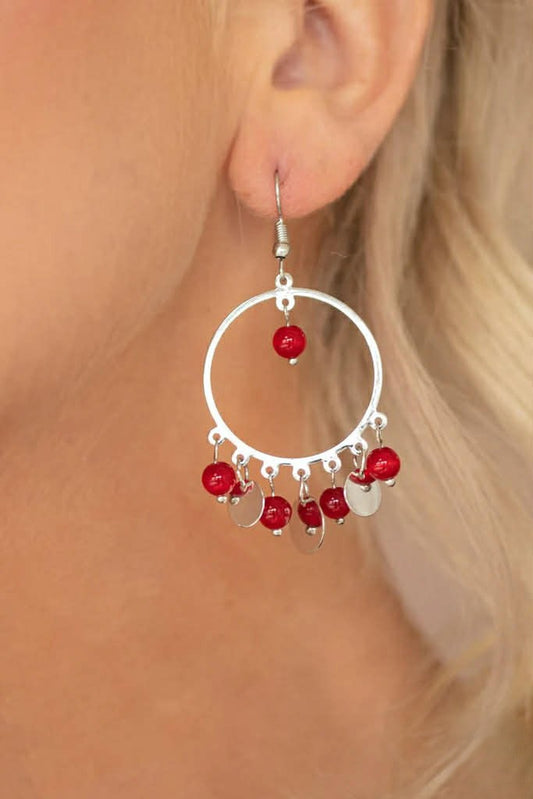 Silver Earrings w/ Red Moonstone & Silver Beading