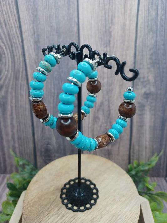 Turquoise Crackle Stone & Wooden Beaded Hoop Earrings