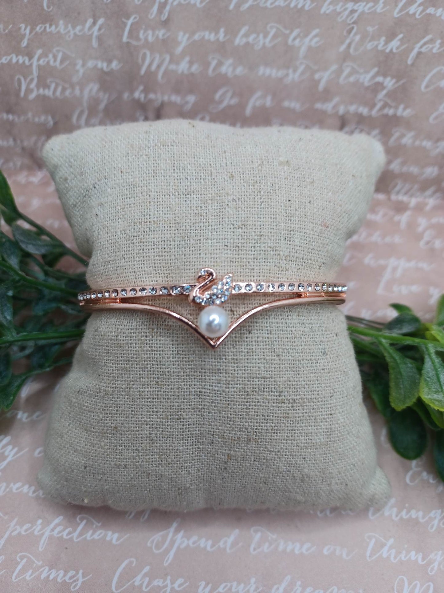 Rose Gold Bracelet w/ White Pearl & Rhinestone Accents