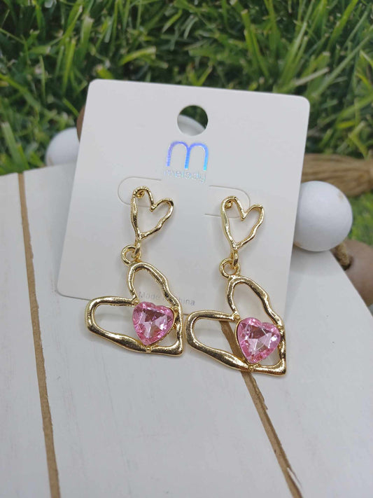 Distressed Gold Heart Earrings - Pink