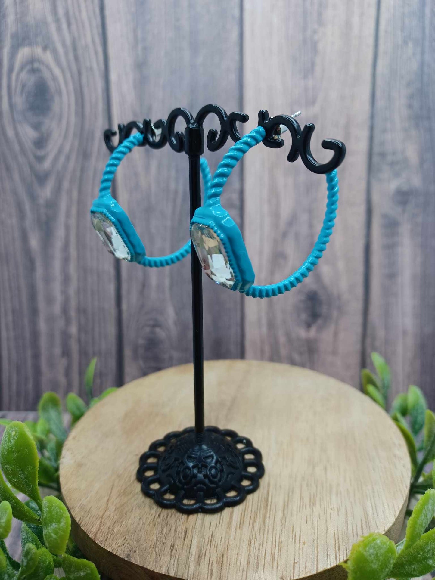 Blue Hoop Earrings w/ Rhinestone Accents