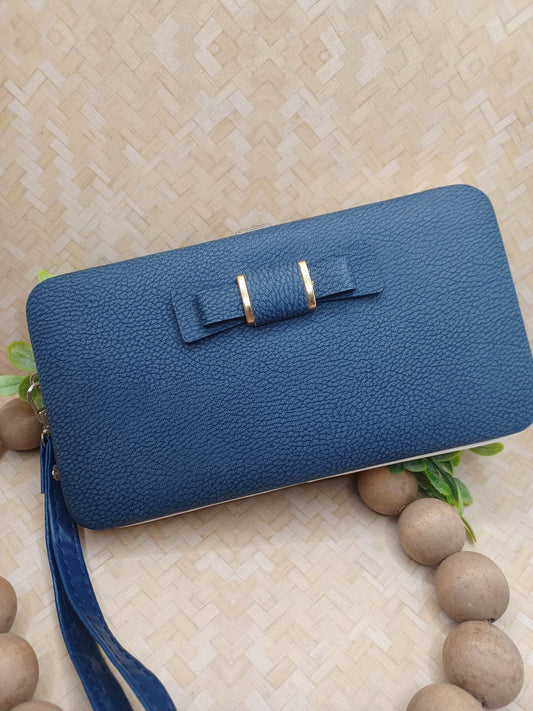 Blue Leather Style Wallet w/ Bow Accent on Front