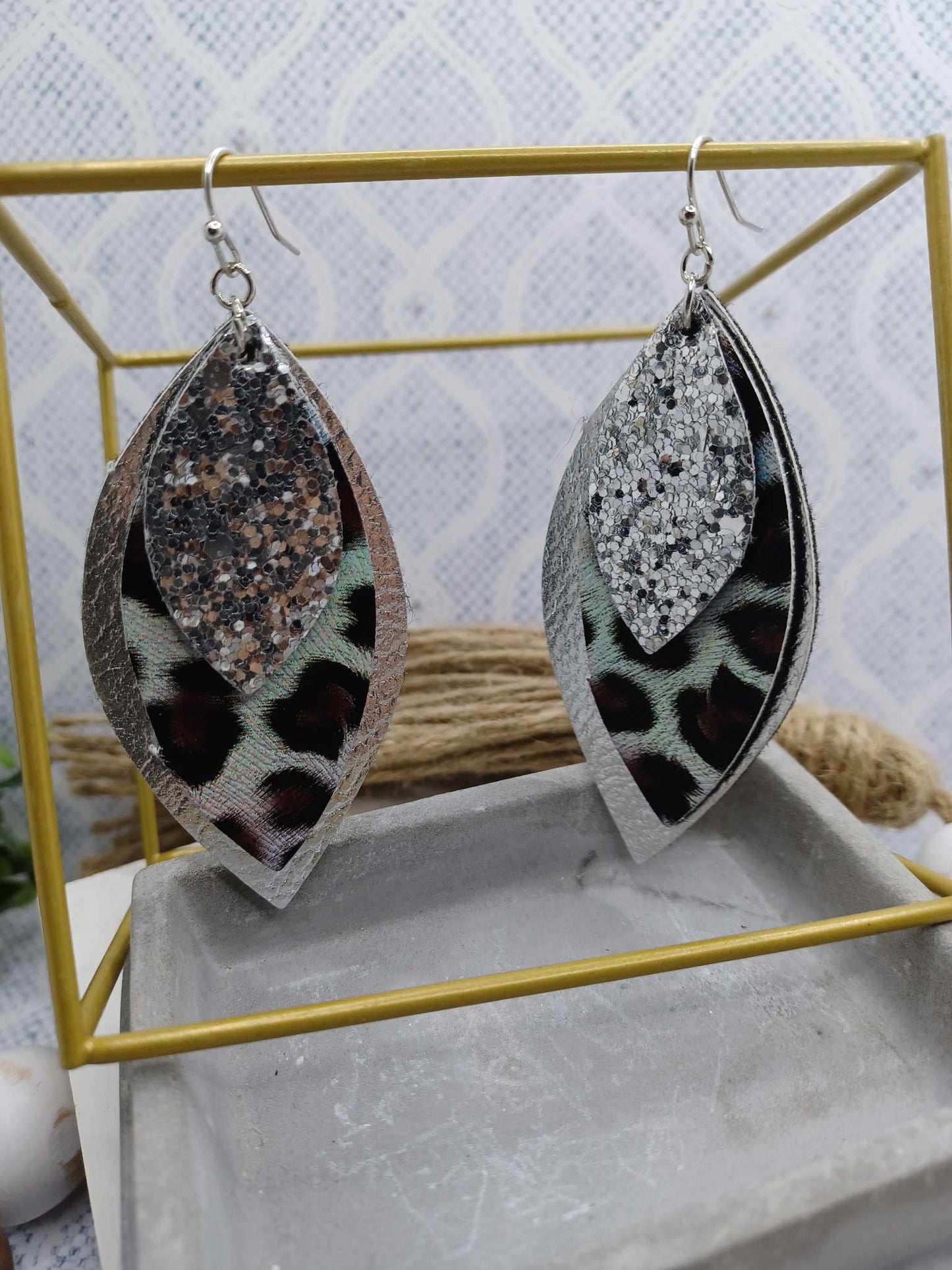 Triple Layered Leather Style Earrings w/ Grey Leopard & Glitter