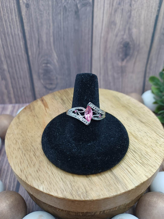 Silver Ring w/ Rhinestones & Pink Center Stone - Size 9