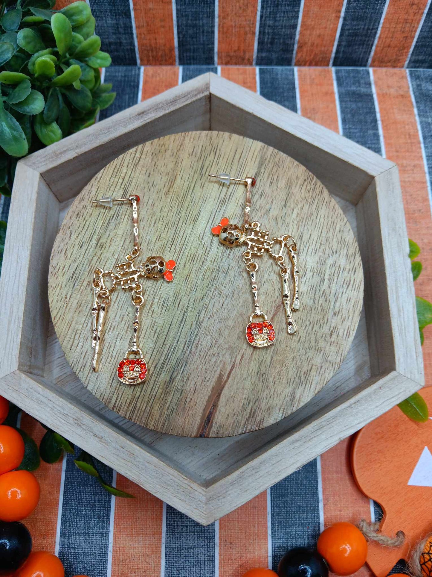 Gold Skeleton w/ Orange Rhinestone Accent Earrings