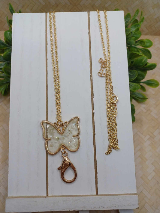 Acrylic Butterfly w/ Glitter Pendant Style Necklace - Gold w/ Lanyard