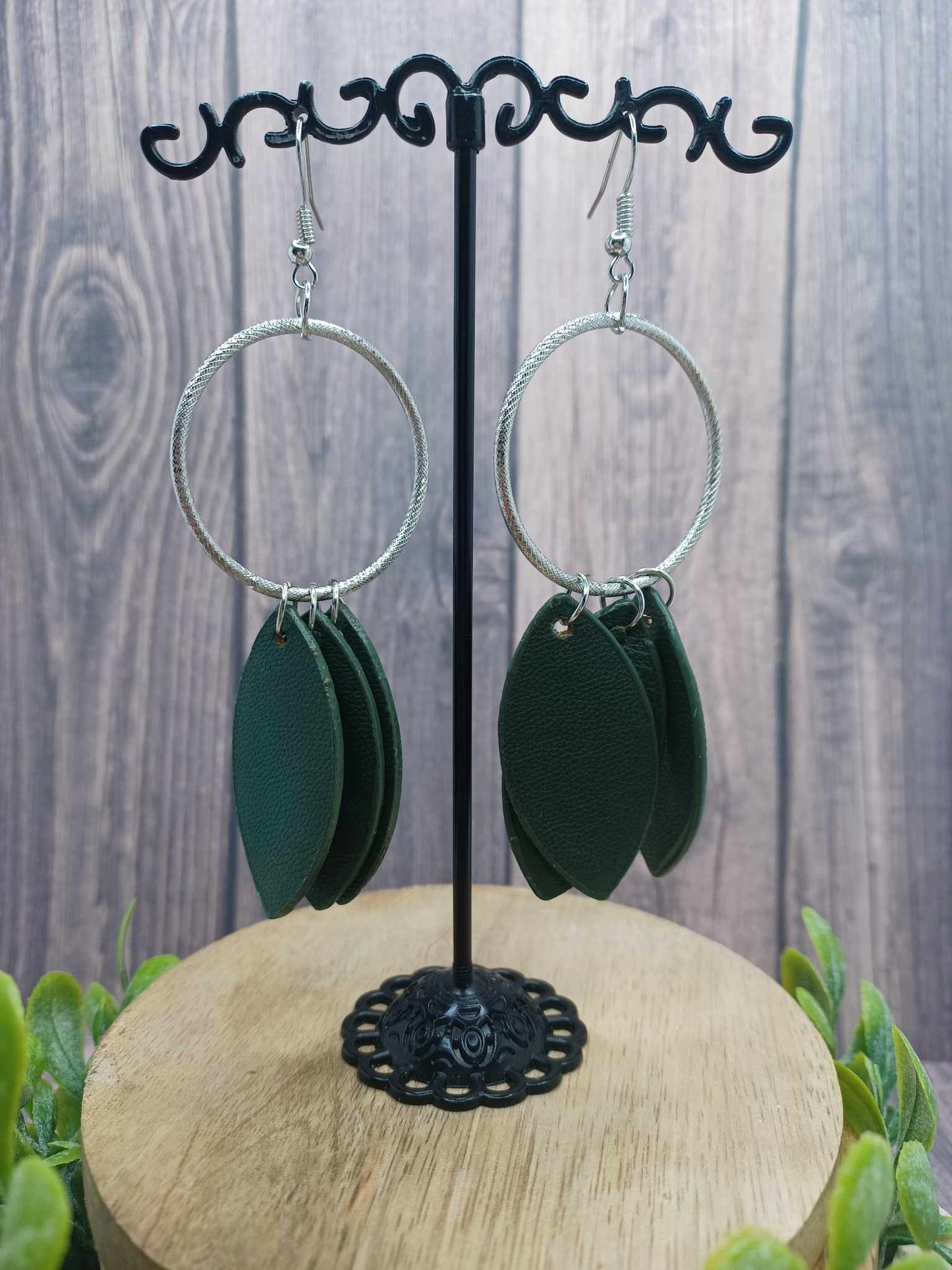 Green Leather Leaf Style Earrings