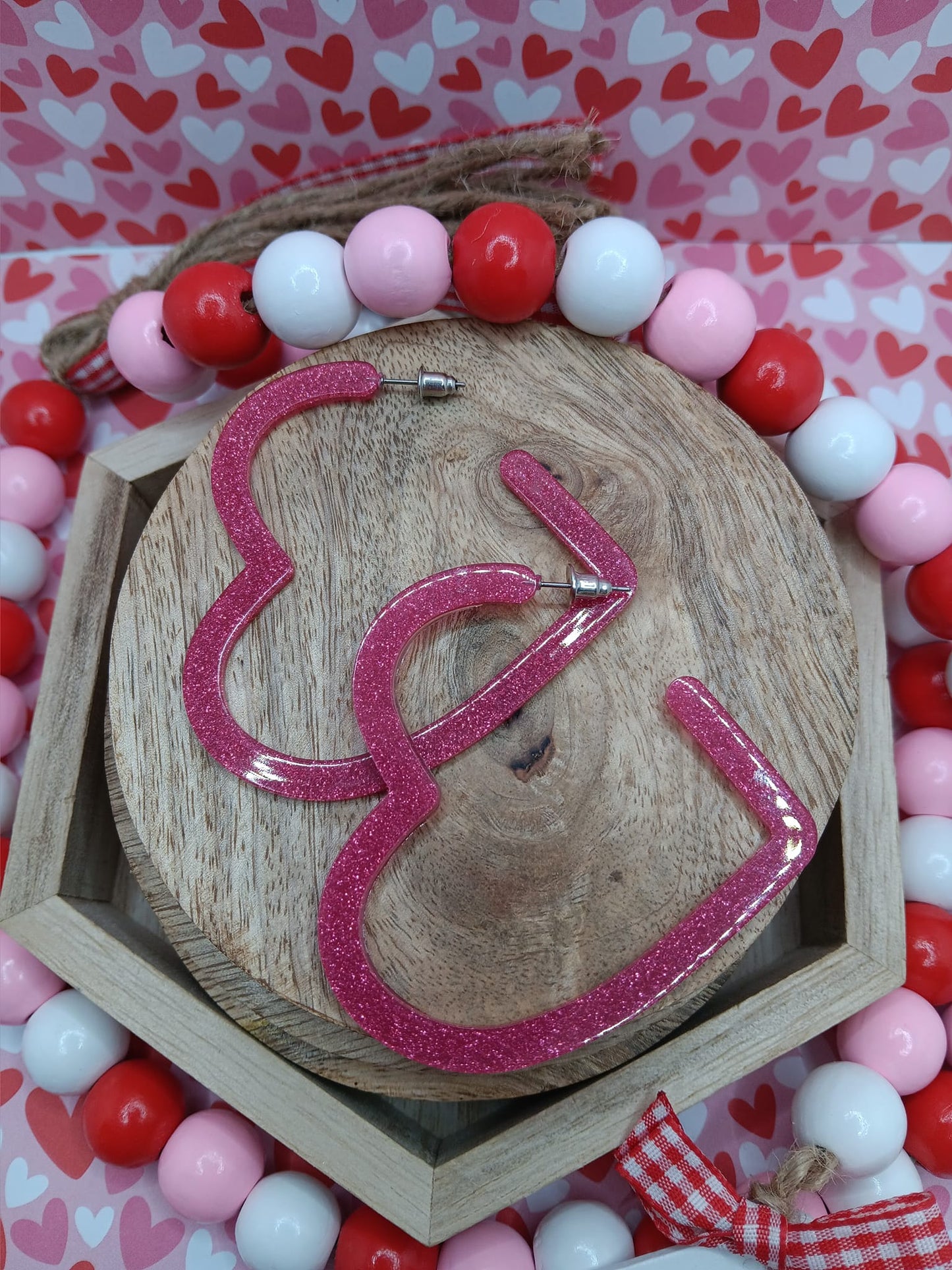 Pink Glitter Acrylic Heart Earrings