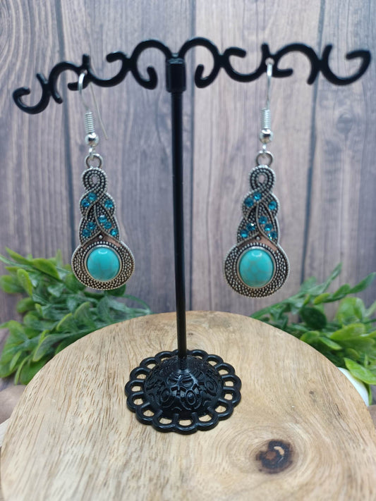 Antiqued Silver Earrings w/ Blue Rhinestones & Turquoise Crackle Stone