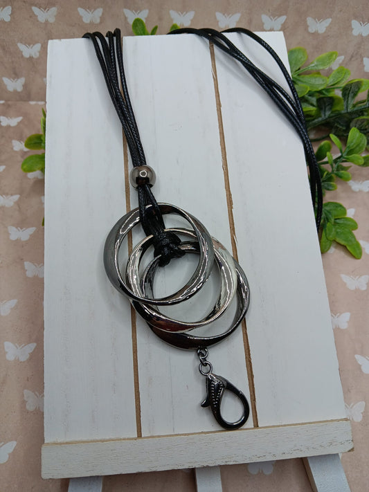 Black Leather Style Necklace w/ Gunmetal Details & Lanyard Attachment