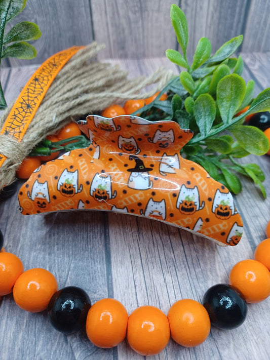 Orange Halloween Themed Hair Claw w/ Cats