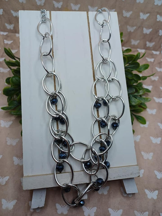 Silver Double Layered Chain Necklace w/ Deep Blue Beading