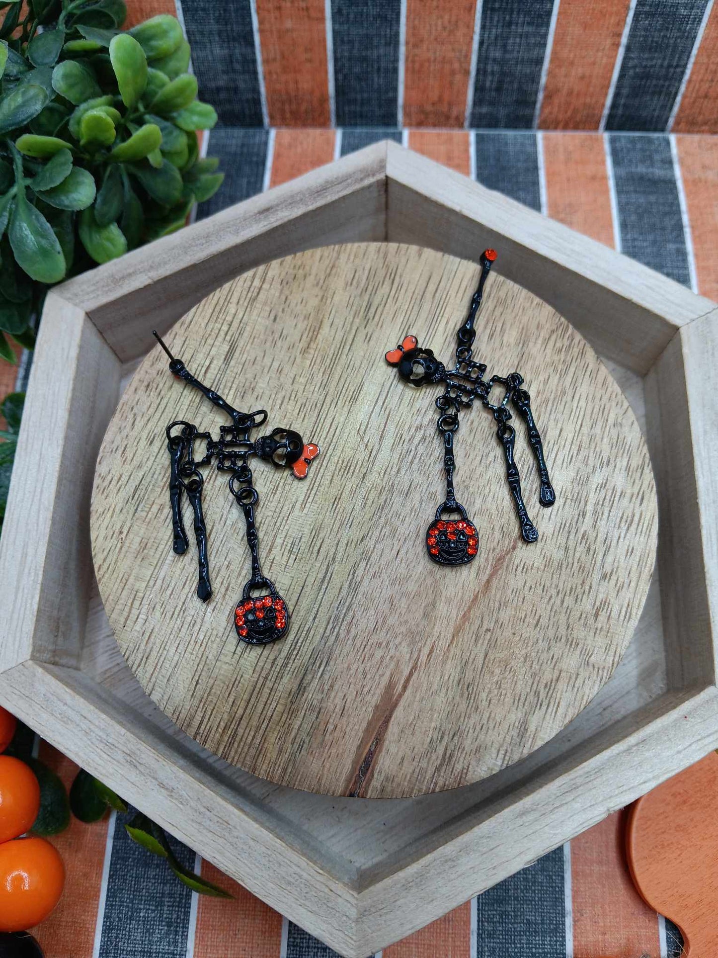 Black Skeleton w/ Orange Rhinestone Accent Earrings