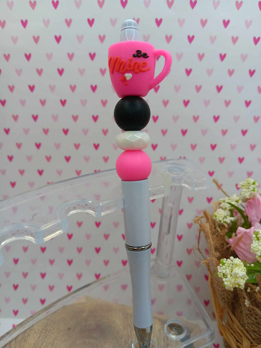 Be Mine Coffee Cup Beaded Ink Pen - Hot Pink