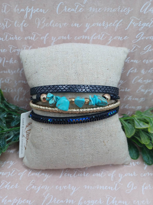 Black & Gold Bracelet w/ Turquoise Crackle Stone Accents
