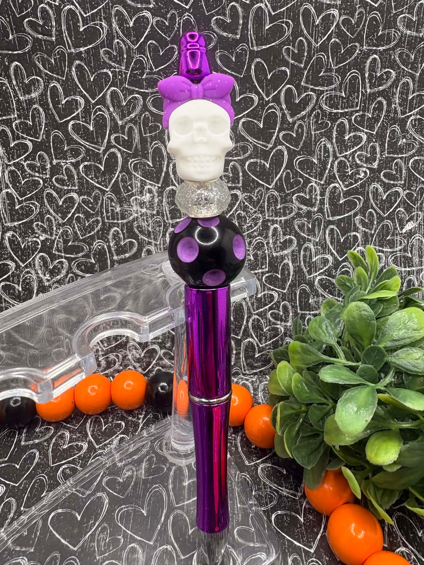 Purple & White Skull Beaded Ink Pen