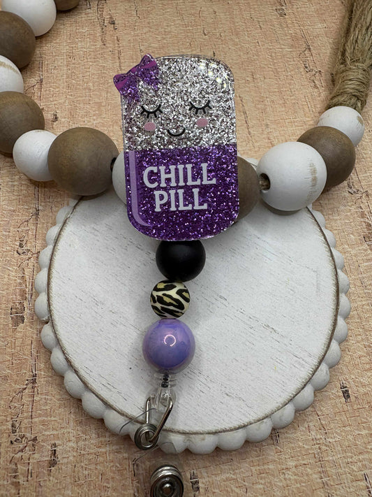 Chill Pill Beaded Badge Reel - Black, Leopard, Purple