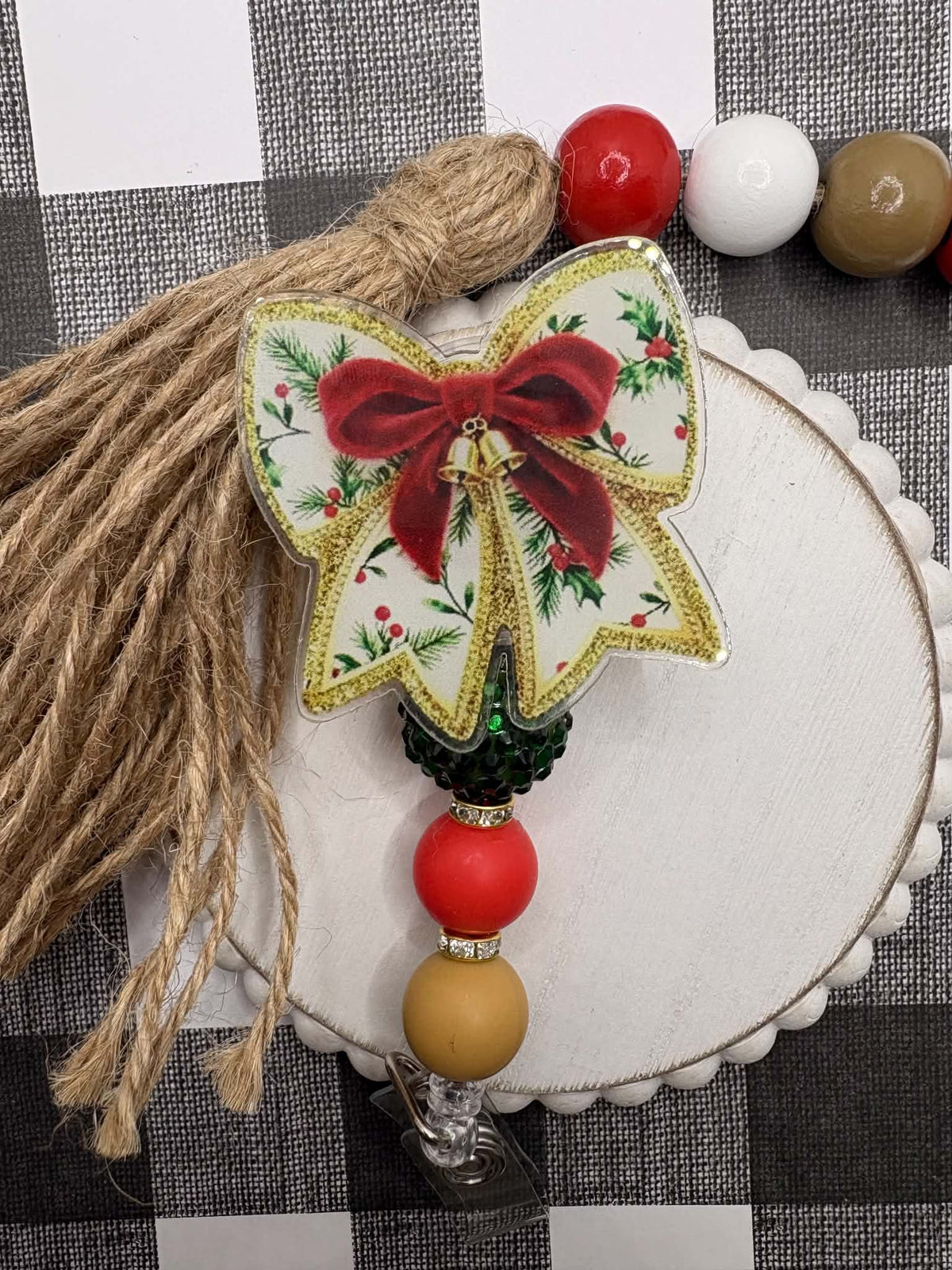Gold & Red Bow Christmas Beaded Badge Reel