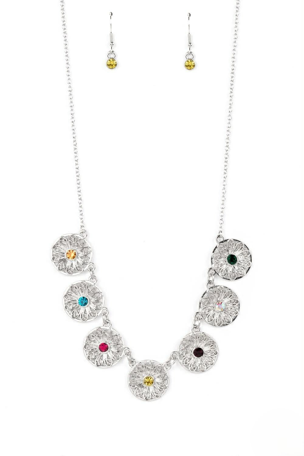 Silver Short Necklace w/ Multicolored Stone Pendant