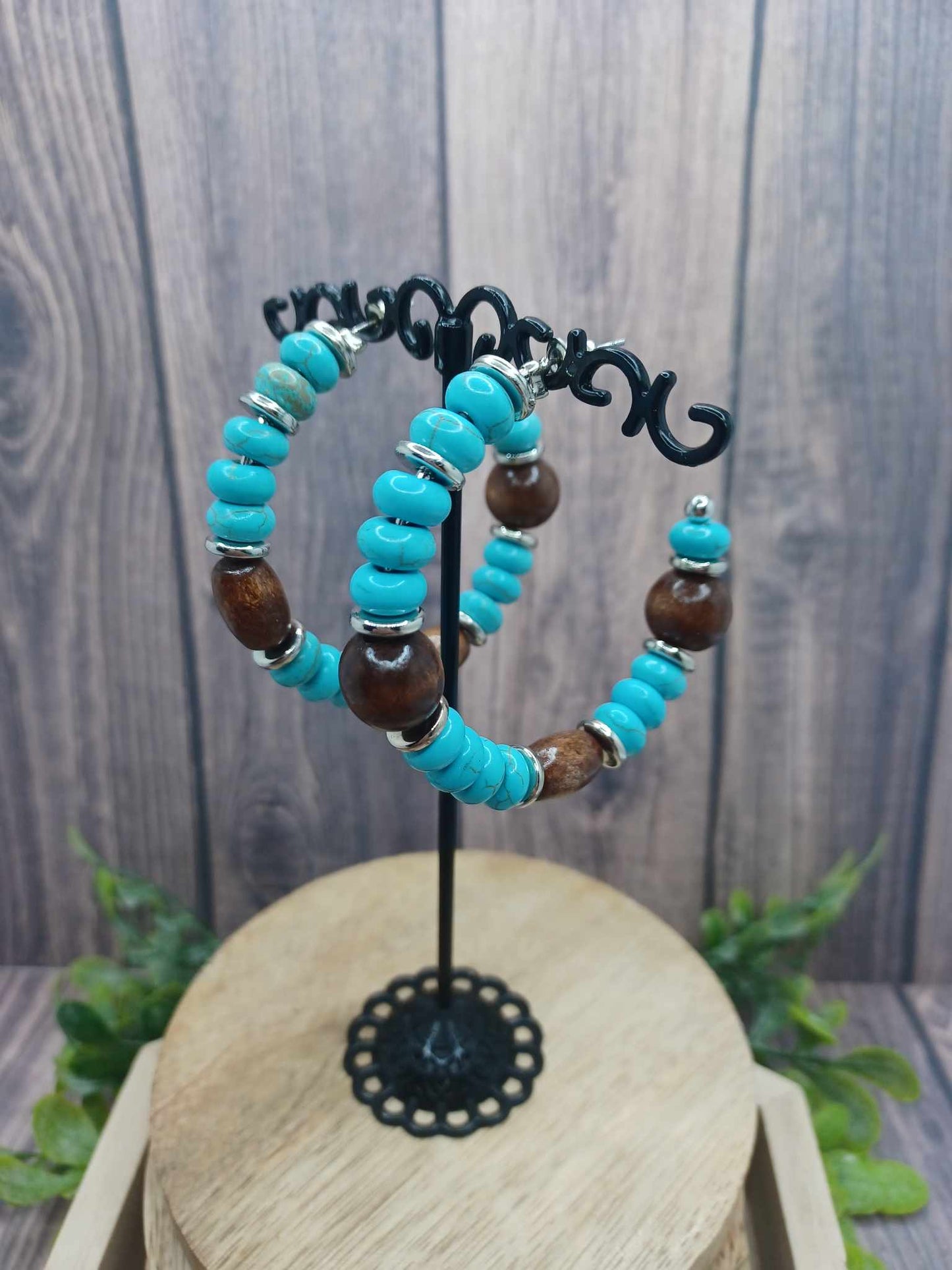 Turquoise Crackle Stone & Wooden Beaded Hoop Earrings
