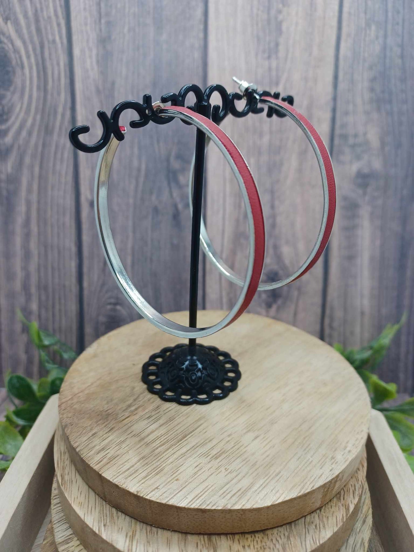 Red Leather Wrapped Hoop Earrings