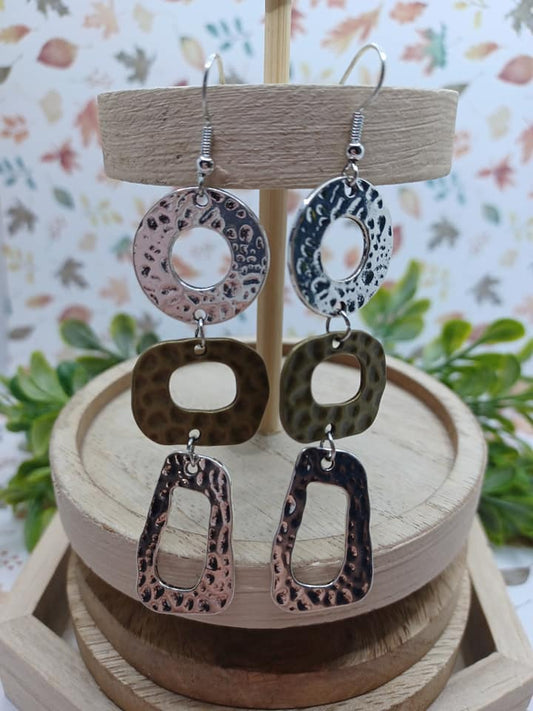 Silver & Brass Hammered Geometric Drop Style Earrings