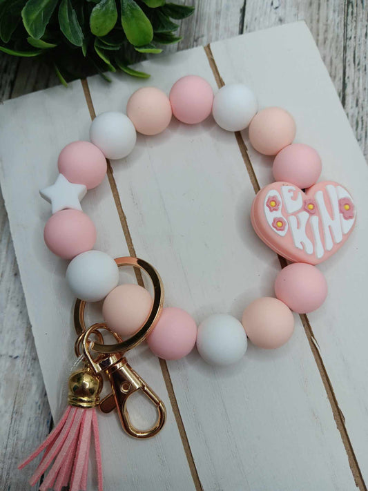 Pink & White Beaded Be Kind Wristlet Keychain