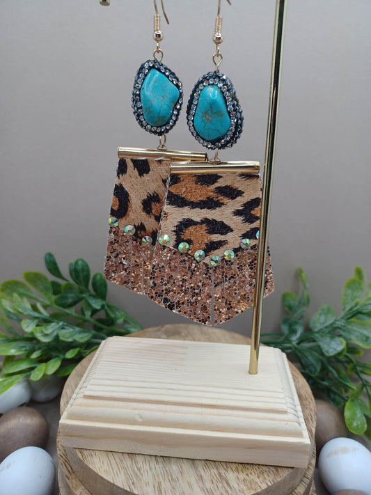 Tan Leopard Earrings w/ Mermaid Rhinestones & Turquoise Crackle Stone
