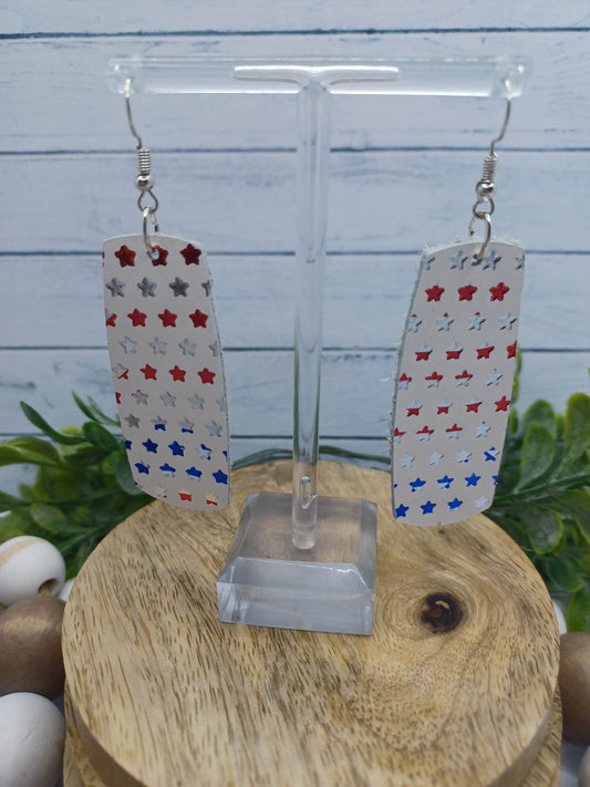White Leather Style Earrings w/ Red, White, & Blue Stars