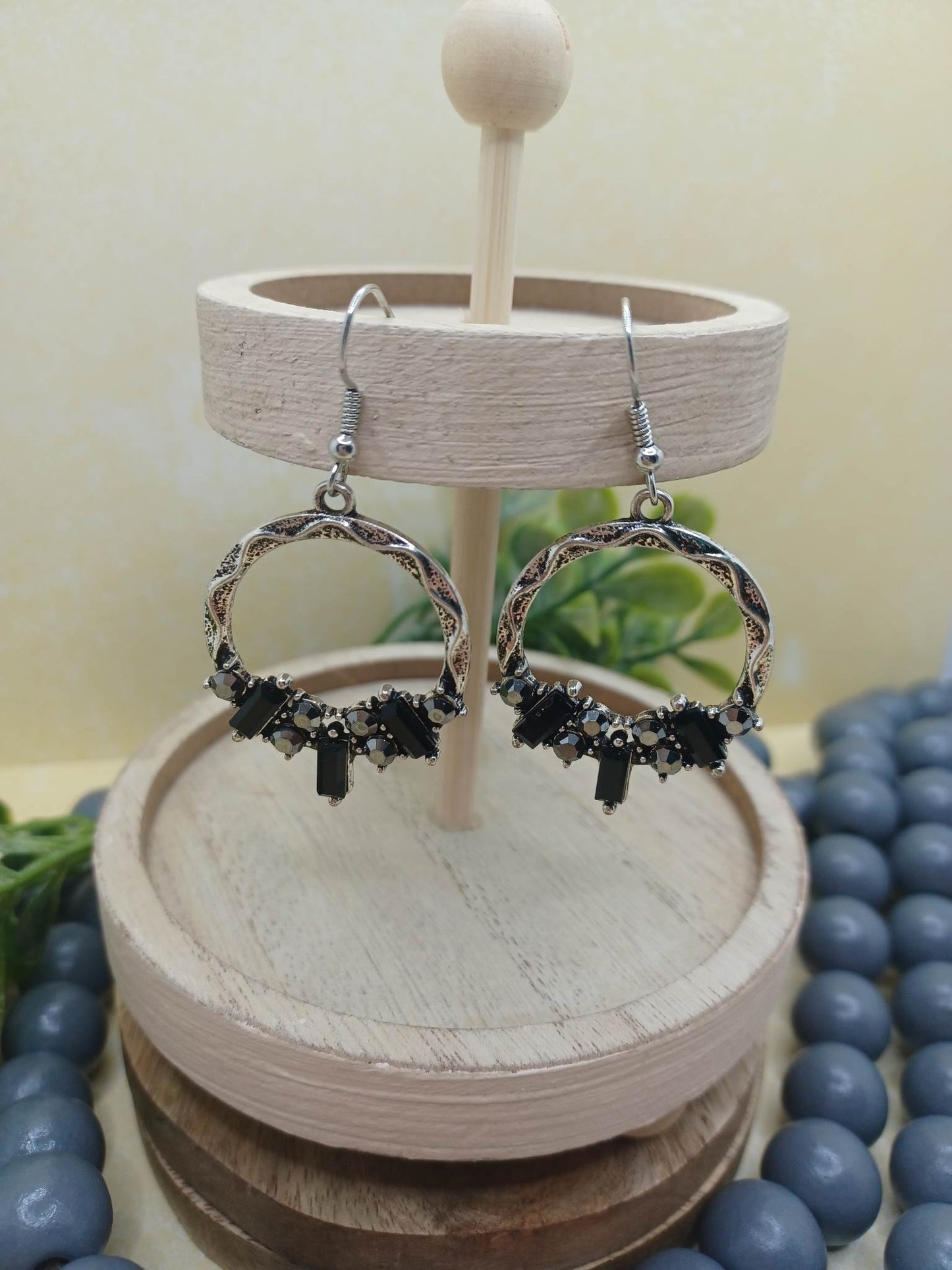 Silver Circle Earrings w/ Black & Grey Rhinestones