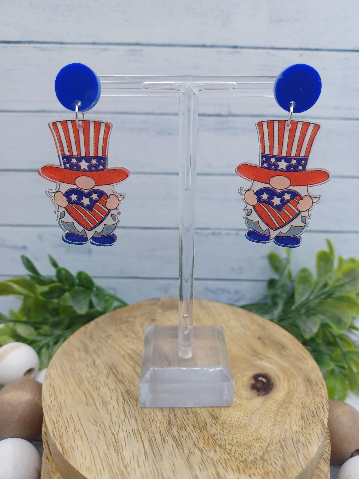 Acrylic Gnome Red, White, & Blue Earrings