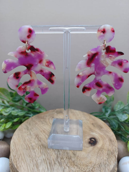 Purple & White Acrylic Leaf Acrylic Style Earrings