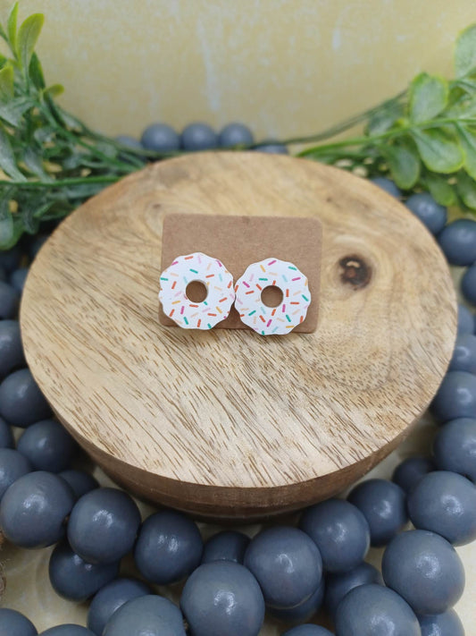 Wooden White Donut Earrings w/ Sprinkles