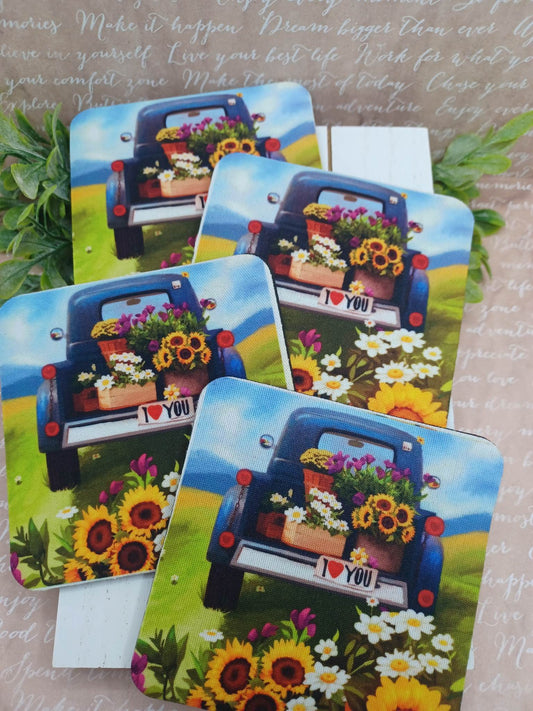 Spring Blue Truck Coaster Set w/ Flowers & I <3 You Plate