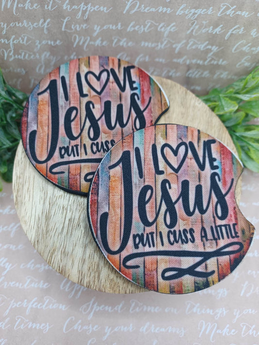 I Love Jesus but I Cuss a Little Car Coaster Set