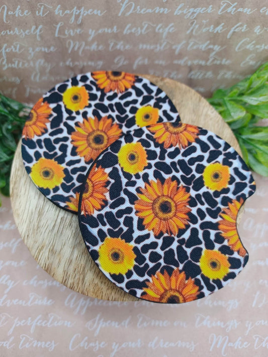 Sunflower & Cow Print Car Coaster Set