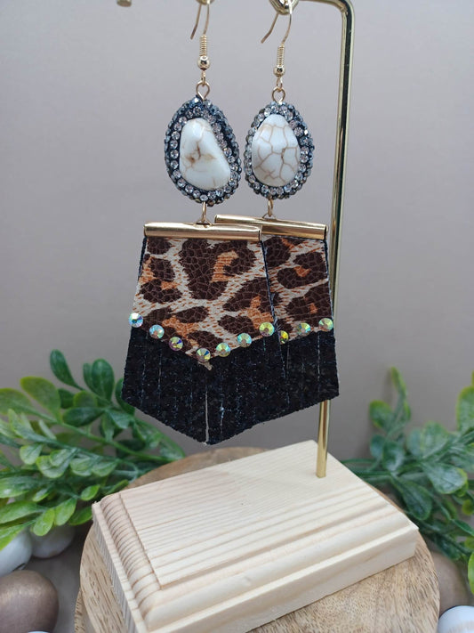 Black Leopard Earrings w/ Mermaid Rhinestones & Turquoise Crackle Stone