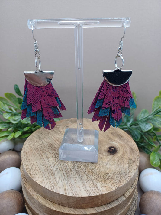 Triple Layered Deep Teal & Purple Leather Style Earrings