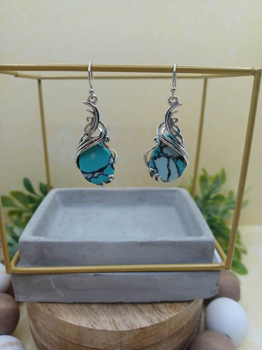 Turquoise Crackle Stone Teardrop Filigree Earrings