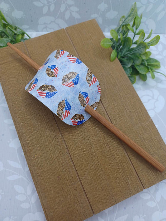 American Flag & Leopard Lips Ponytail Accessory w/ Brown Hair Stick