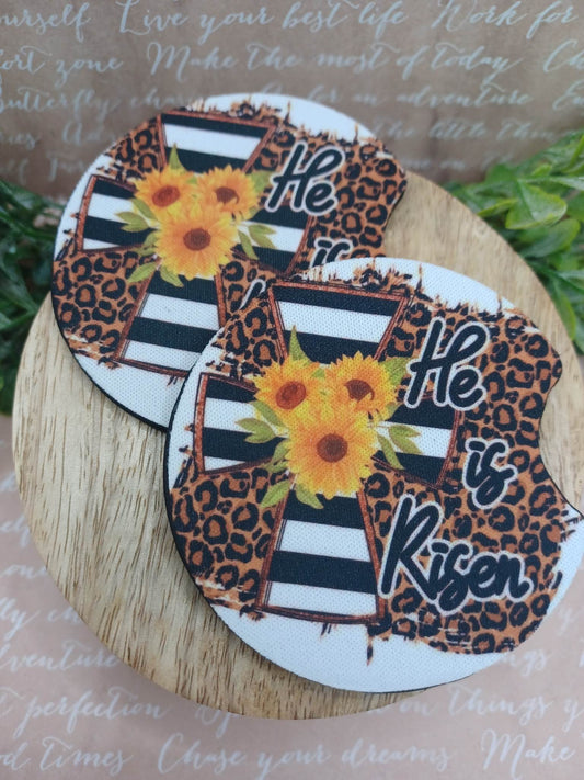 He is Risen Striped, Leopard, & Sunflower Car Coaster Set